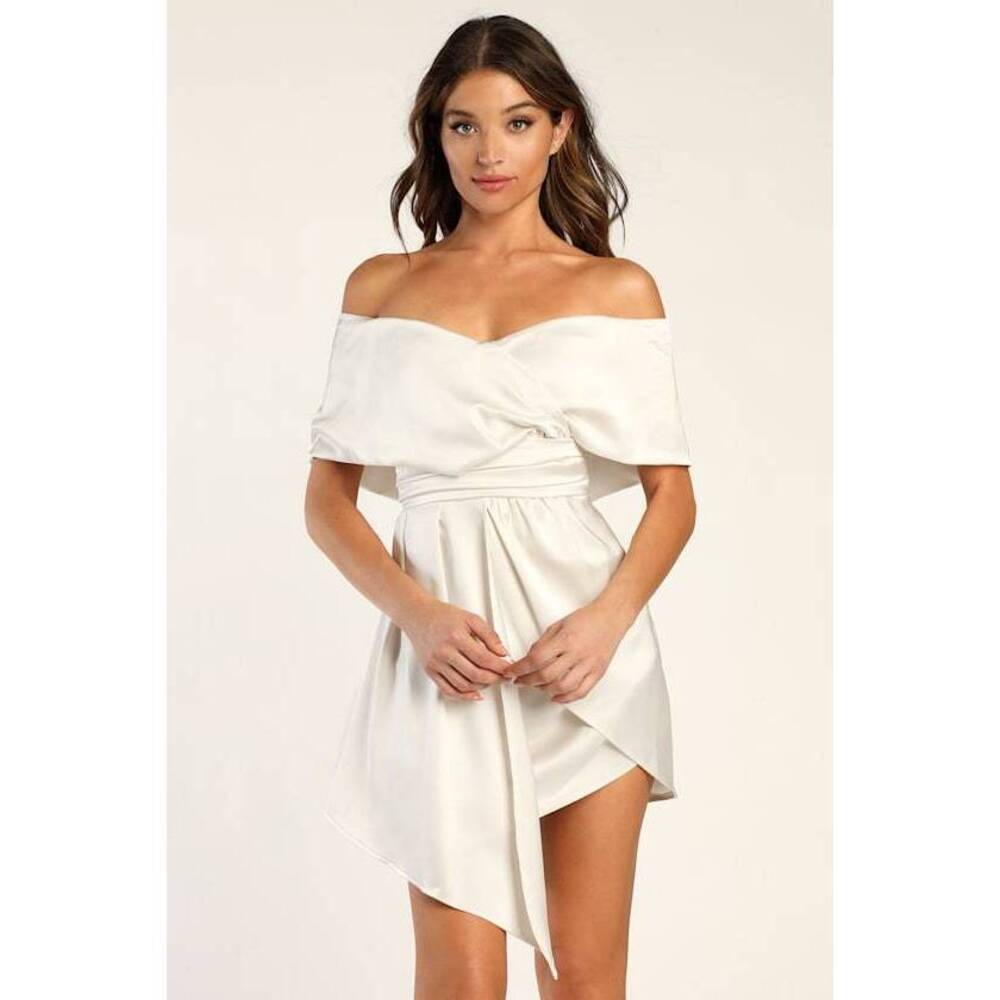 Lulus Always Celebrating Ivory Satin Off-the-shoulder Mini Dress White - Size L